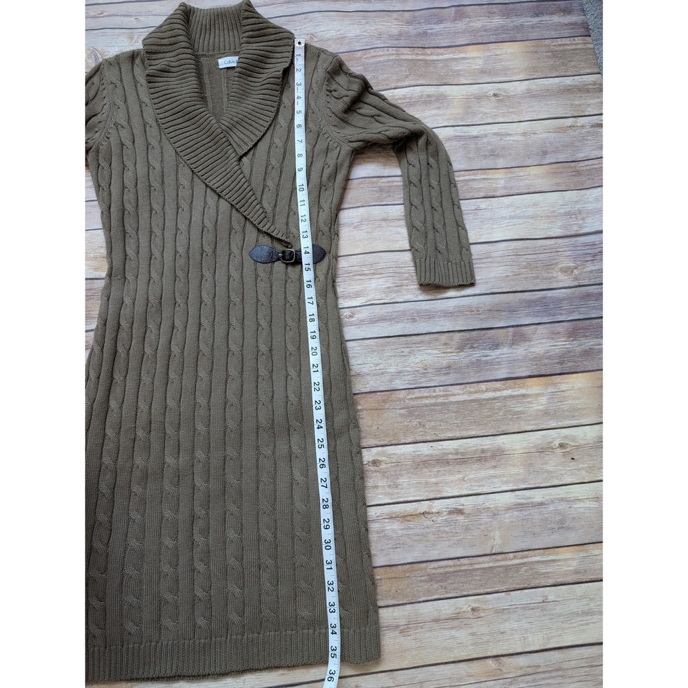 Calvin Klein Cable Knit Sweater Dress Women S Taupe Brown Faux Leather Buckle - Picture 8 of 11
